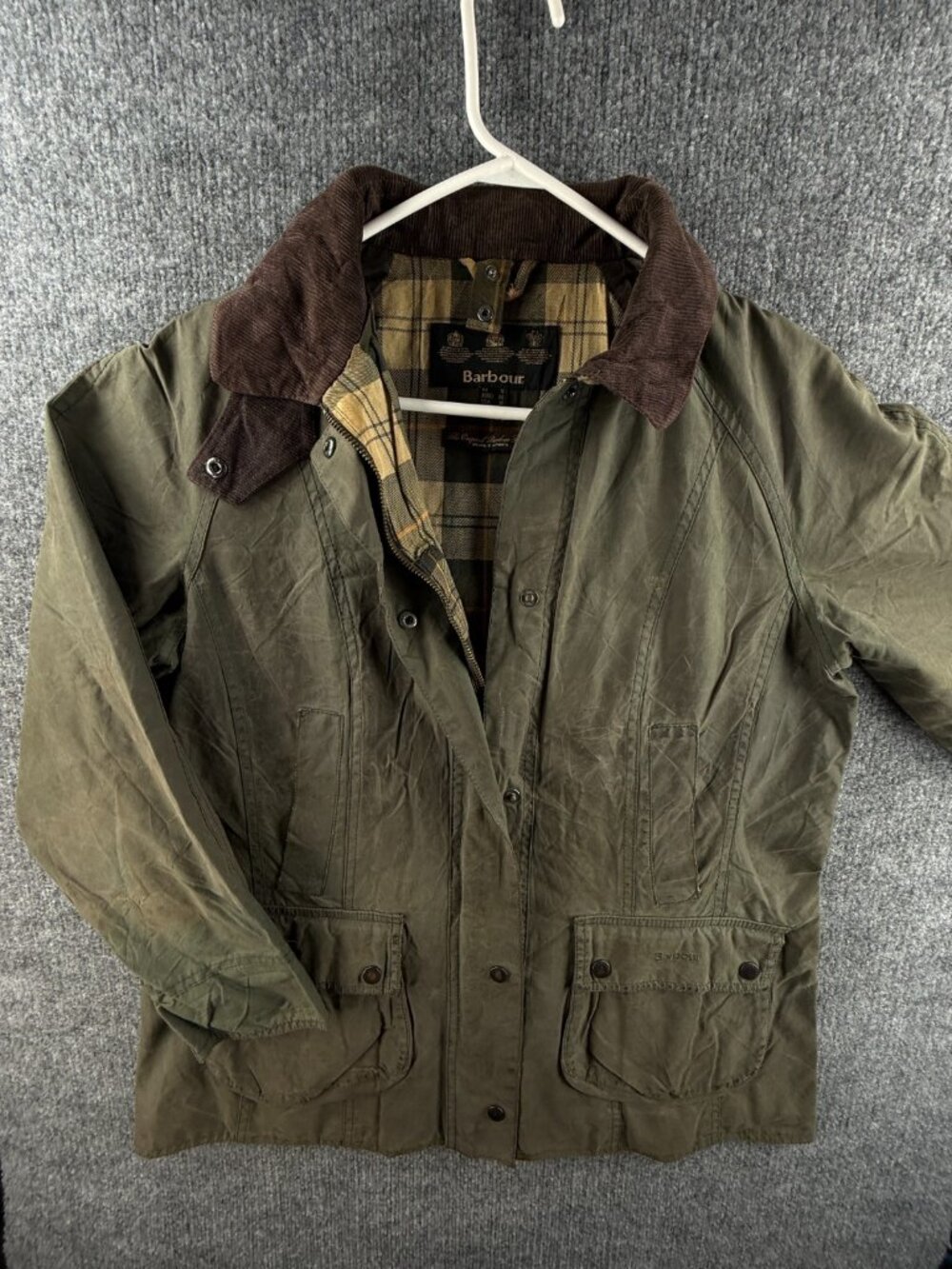 Barbour Beadnell Ladies Waxed Jacket Women Full Zip Green Size 10 USA Lined